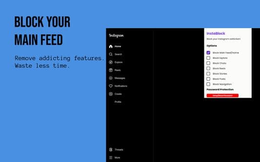 InstaBlocker popup showing toggle controls for each feature