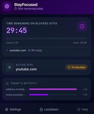 StayFocused popup showing time remaining and active site