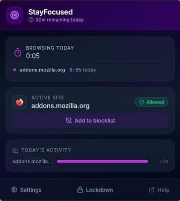 StayFocused browsing activity and site status