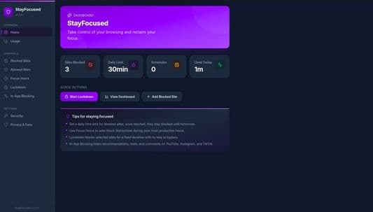 StayFocused settings dashboard